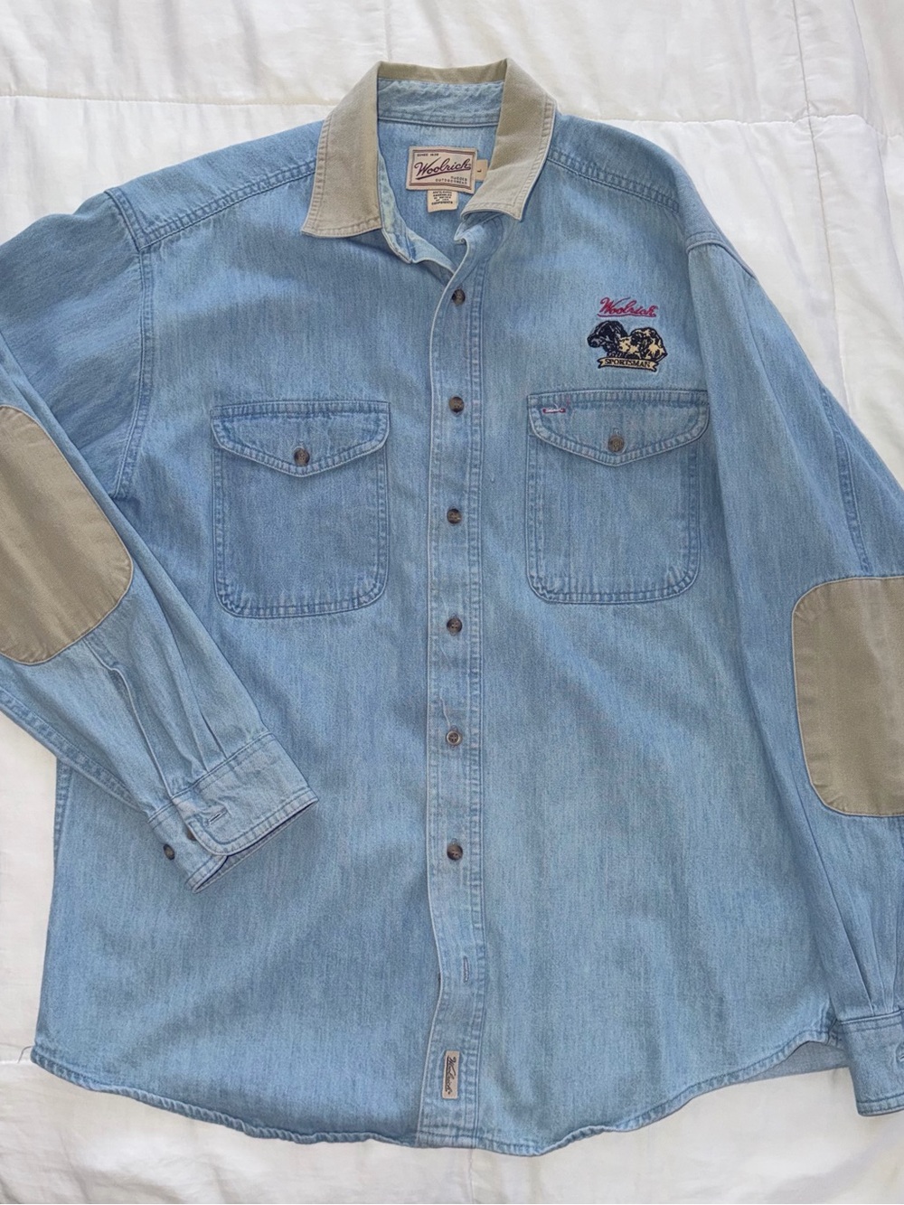 Woolrich Sportsman Denim Button Down Shirt Men’s Large Elbow Patches
